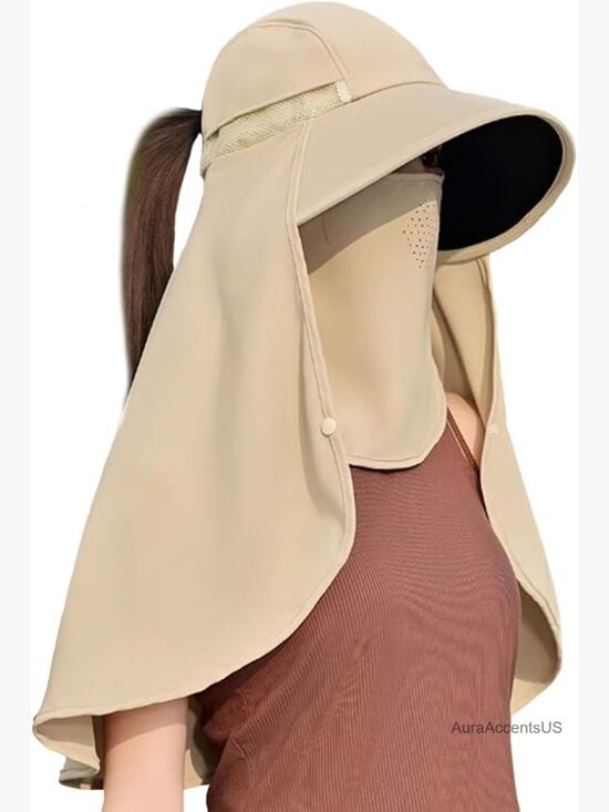 UPF50+ Sun Hat with Face Mask & Shawl, Large Brim, Lightweight, Outdoor